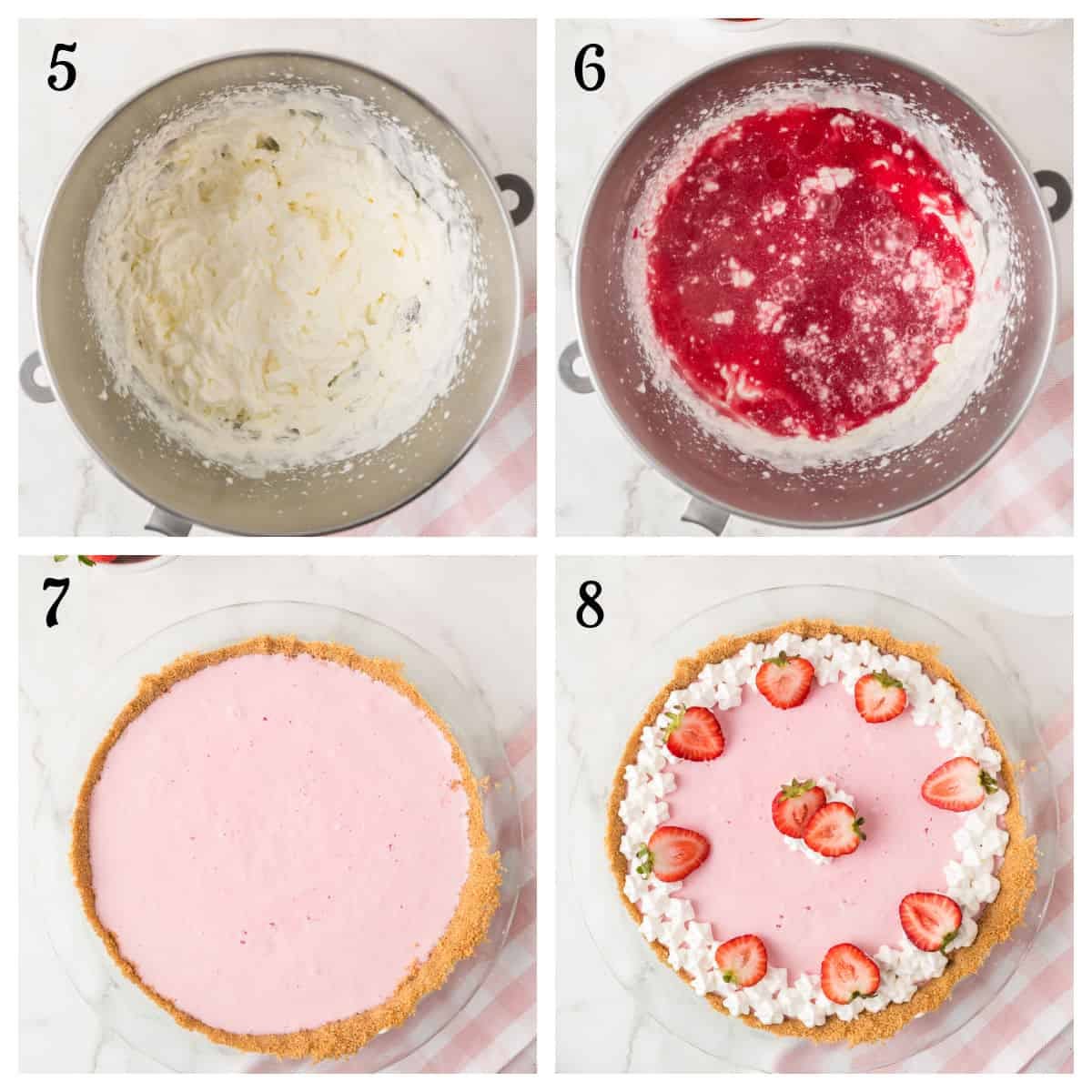 A four-step collage shows a mixing bowl with whipped filling (5), the same bowl with strawberry sauce added (6), a pie with pink filling in a crust (7), and the finished pie topped with whipped cream and strawberries (8).