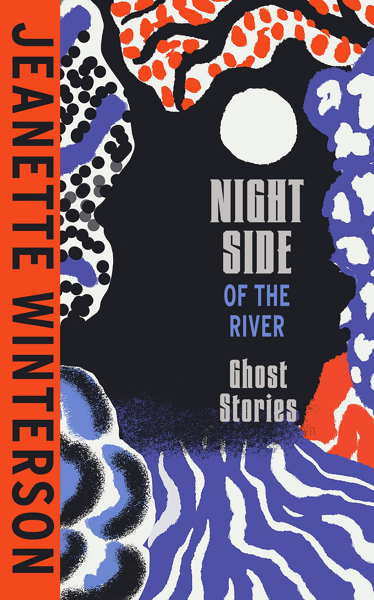 A book cover of muted but saturated graphical colors. On the left, against a solid scarlet background, the author's name appears, arranged vertically. To the right are blotches of purple, red, and white, apparently daubed with a sponge; at the bottom flows the strong current of a river, its banks wreathed in mist. In the center, against a black background, appear the book's title, subtitle, and the disk of a full moon.