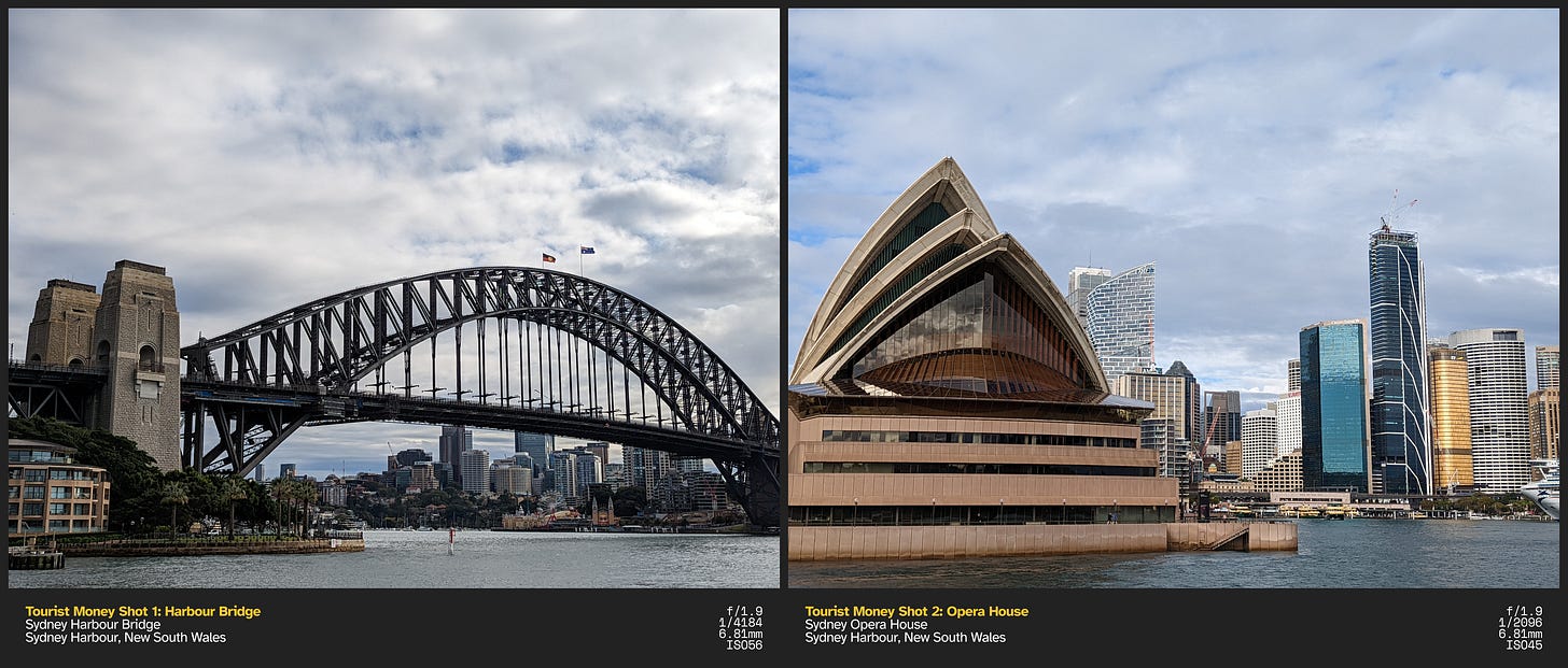 Left: A shot of the Sydney Harbour Bridge with multiple buildings behind it, below it is a body of water; Right: A partial section of the Sydney Opera House with multiple highrise buildings and a body of water to its right