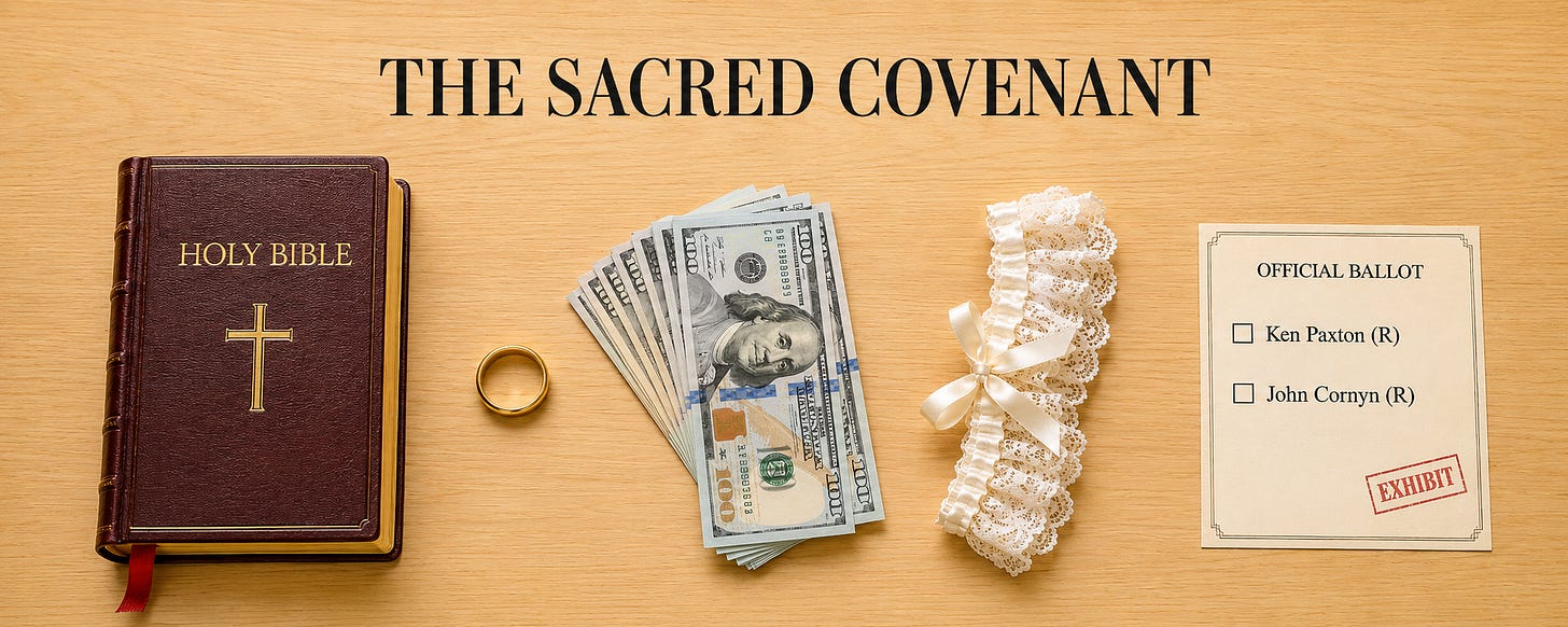 Still life on a wood table: a Holy Bible, a wedding ring, a fan of hundred-dollar bills, a lace garter, and an official ballot stamped Exhibit listing Ken Paxton and John Cornyn.