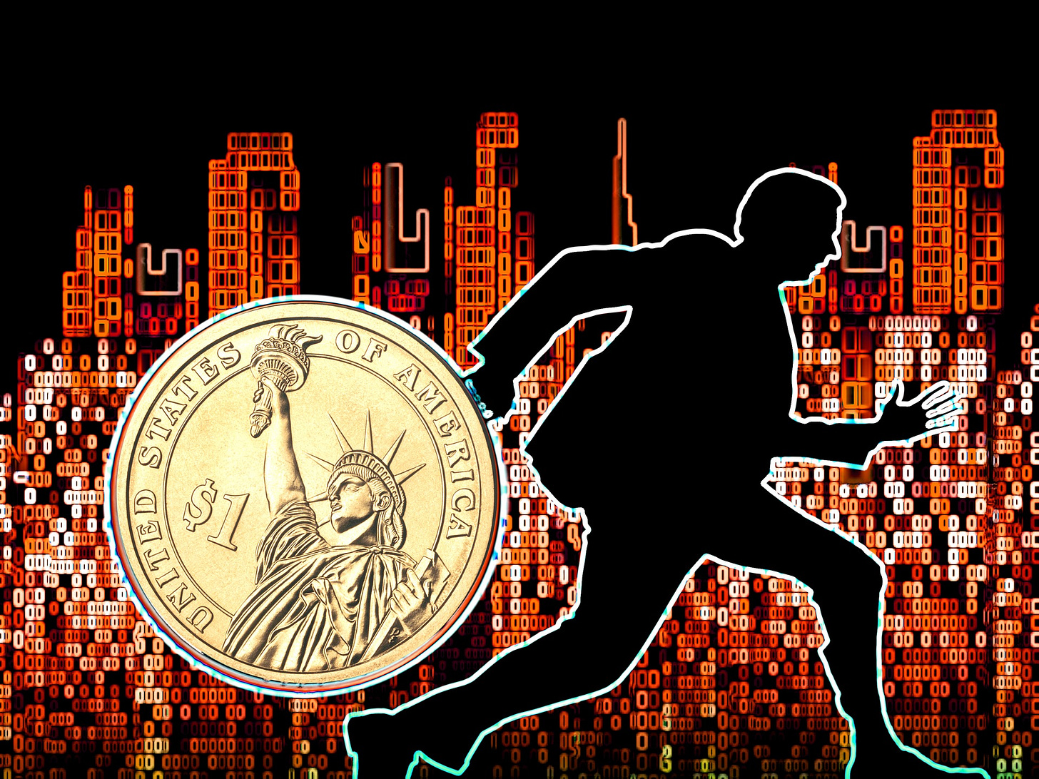 The Silhouette of a man hastily departing a scene, with the landscape of a city in the background and a Dollar coin in the foreground The Silhouette of a man hastily departing a scene, with the landscape of a city in the background and a Dollar coin in the foreground