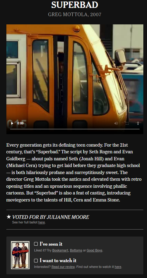 A screenshot of the NYT's 100 best movies article - Superbad