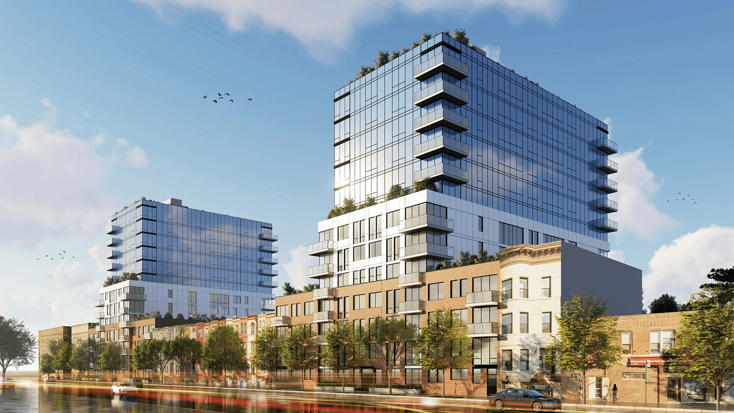 rendering showing buildings with brick bases and glass tower rendering showing buildings with brick bases and glass tower