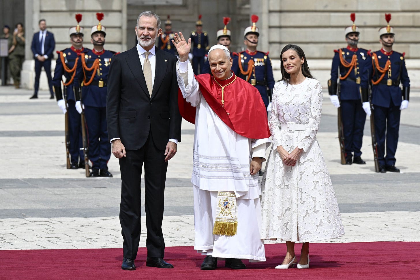Pope Leo XIV with King Felipe VI and Queen Letizia at the Royal Palace of Madrid Pope Leo XIV with King Felipe VI and Queen Letizia at the Royal Palace of Madrid