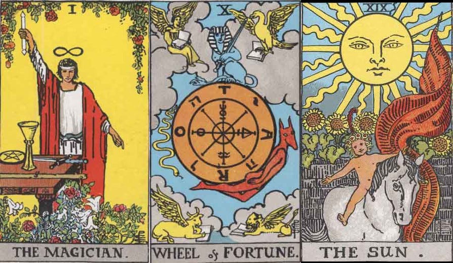 The Rider-Waite-Smith Magician, Wheel, and Sun. These three tarot cards can be used to create sacred space. 
