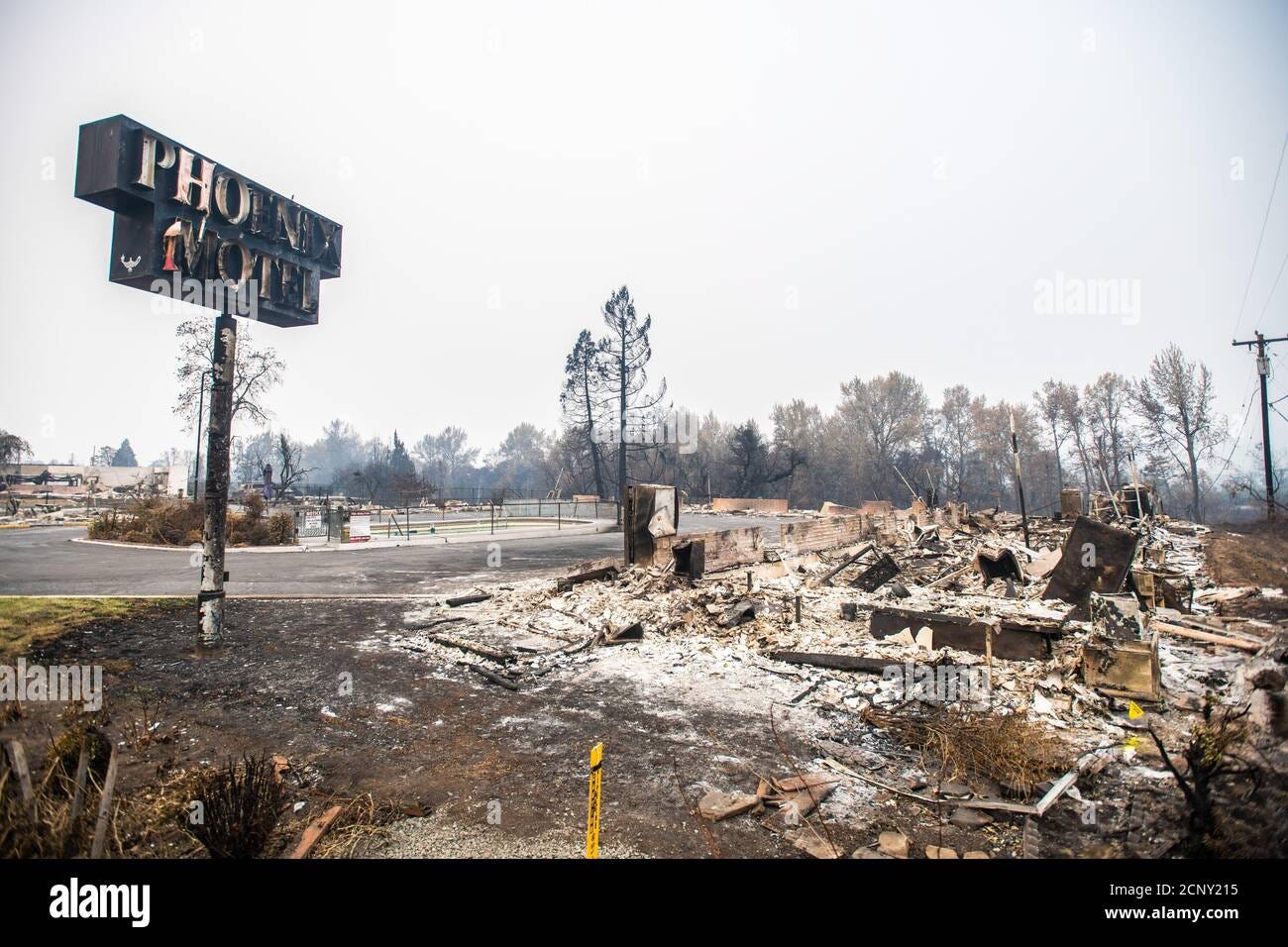 PHOENIX, ORE - SEPTEMBER 18, 2020: A general view of the damage to the  Phoenix Motel amid the aftermath of the Almeda Fire. The town of Phoenix,  Oregon, showing the burned out