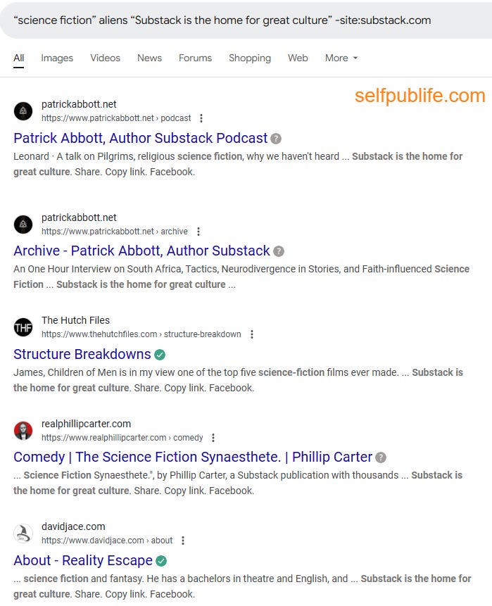 Screenshot of Google search results page for Substacks using custom domains. Screenshot of Google search results page for Substacks using custom domains.