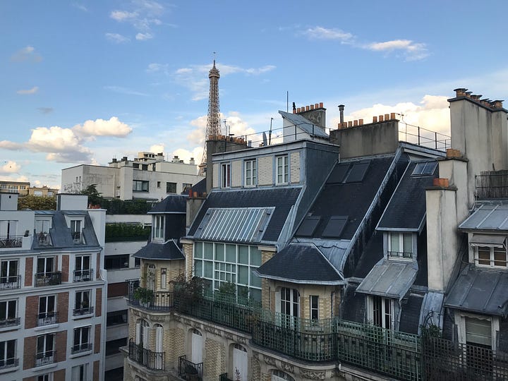 photographs of apartment windows in paris - you can see the people going about their daily lives inside, and in the second photo the Eiffel Tower is visible in the background