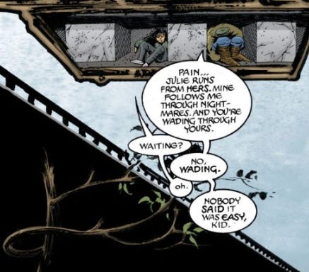 The Maxx explains to his neighbor that while Julie runs from her pain, Maxx's pain follows him.