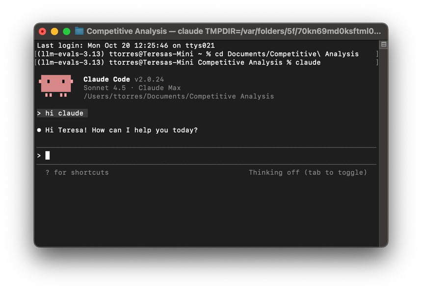 A screenshot of a Terminal window with Claude Code launched. Teresa says hi to Claude and Claude says hi back.