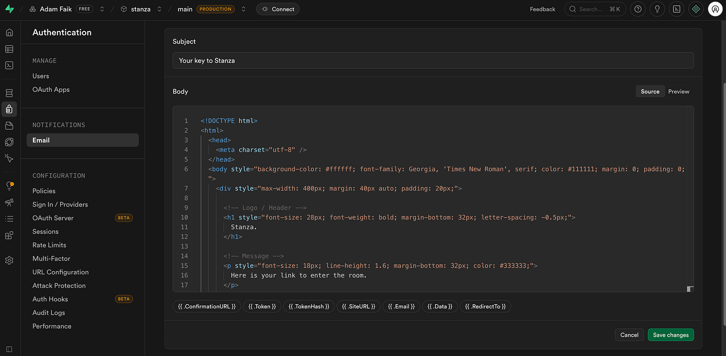 The Supabase email settings page shows the newly pasted custom HTML code in the body field. The Supabase email settings page shows the newly pasted custom HTML code in the body field.
