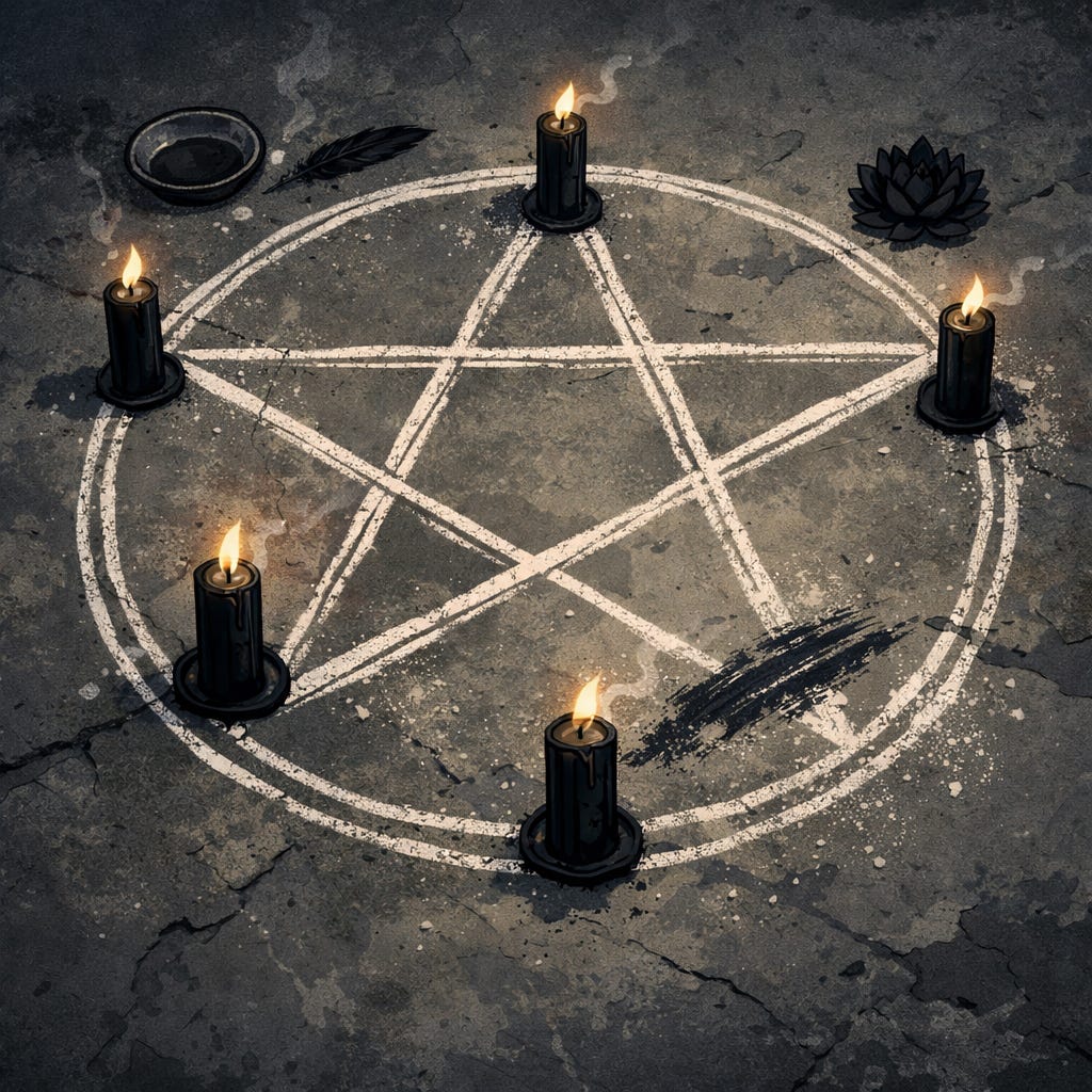 Top-down illustration of a chalk-drawn pentagram on a cracked concrete basement floor. Six black candles burn around the circle, and one section of the chalk line is smudged as if recently disturbed. A small bowl of dark liquid, a black feather, and a wilted lotus flower rest nearby in the candlelight. Top-down illustration of a chalk-drawn pentagram on a cracked concrete basement floor. Six black candles burn around the circle, and one section of the chalk line is smudged as if recently disturbed. A small bowl of dark liquid, a black feather, and a wilted lotus flower rest nearby in the candlelight.