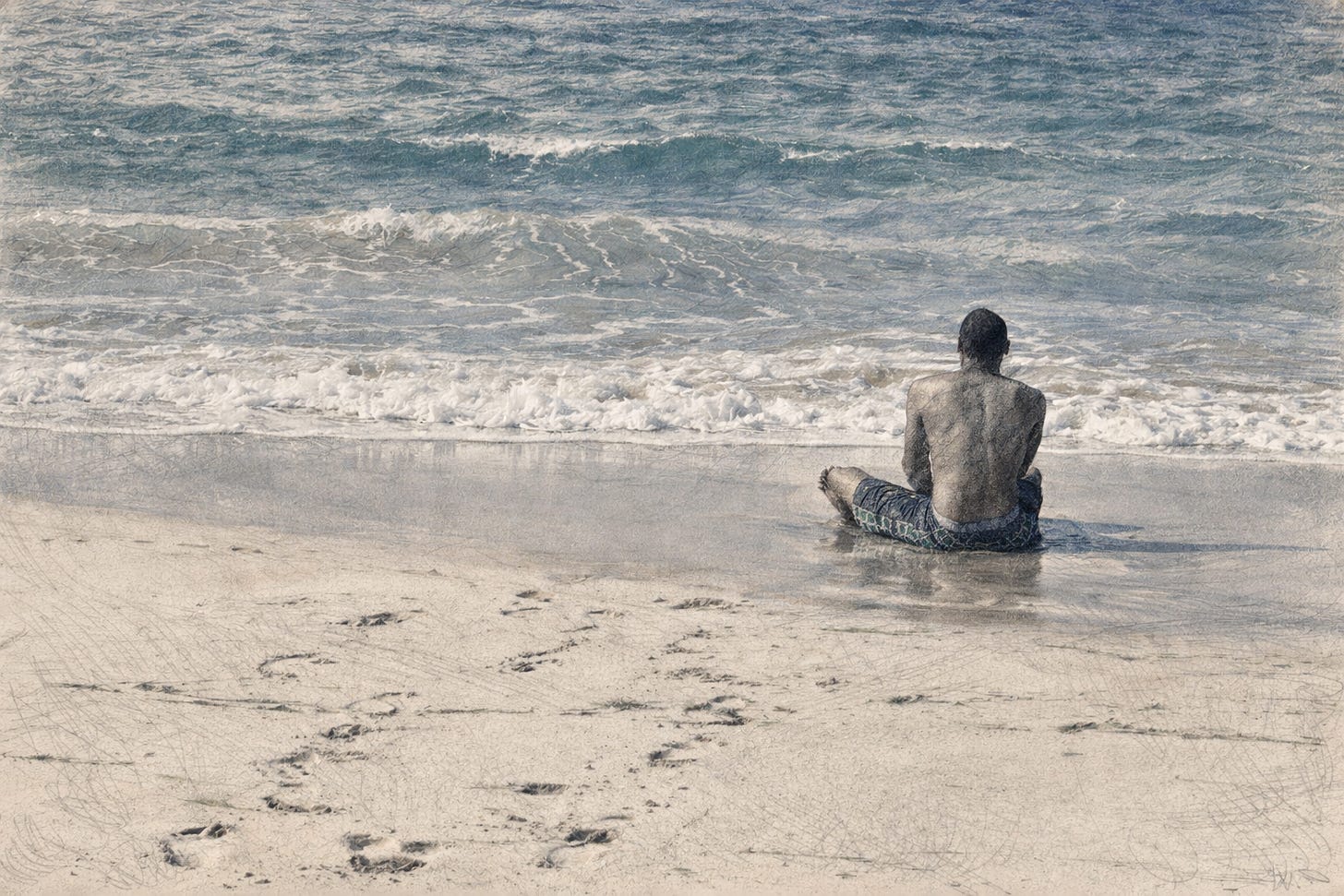 Pencil-style sketch with dusky blue accents of a man sitting at the edge of the shoreline on Vieques Island, Puerto Rico. He faces the ocean with his back to the viewer, seated where the waves meet the sand. Footprints trail behind him across the beach, and the sea and sky are softly washed in muted dusky blue tones. Pencil-style sketch with dusky blue accents of a man sitting at the edge of the shoreline on Vieques Island, Puerto Rico. He faces the ocean with his back to the viewer, seated where the waves meet the sand. Footprints trail behind him across the beach, and the sea and sky are softly washed in muted dusky blue tones.