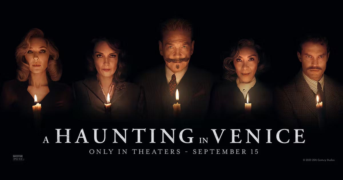 "A Haunting in Venice" movie banner. "A Haunting in Venice" movie banner.