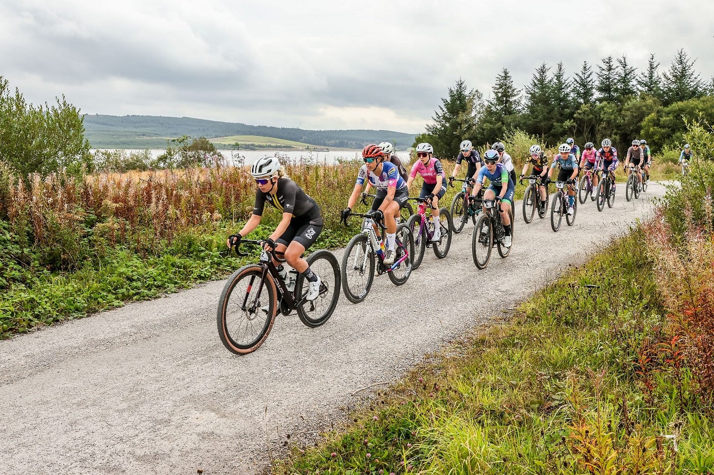 The elite women&#039;s field at Graean Cymru 2025, a UCI Gravel World Series Round in Wales