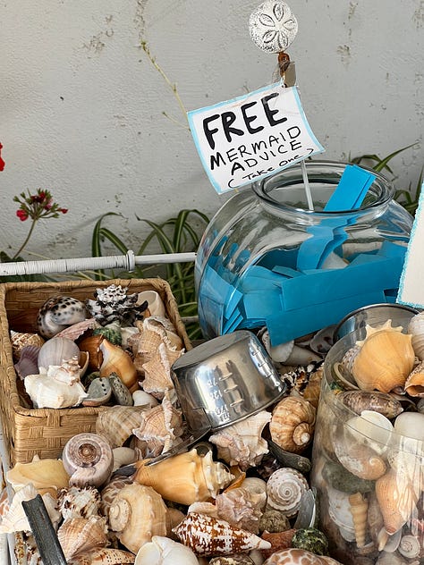 Ventura harbor with boat masts. Red boat. Blue boat. Rose, Natalie and Max eating ice cream. Free mermaid advice: Keep calm and wear pearls. Two dogs sitting together on a rug. A stack of books. Sunset through the trees.