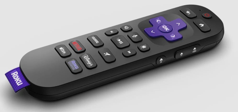 The petite Roku controller, with its famous lack of a number pad. 