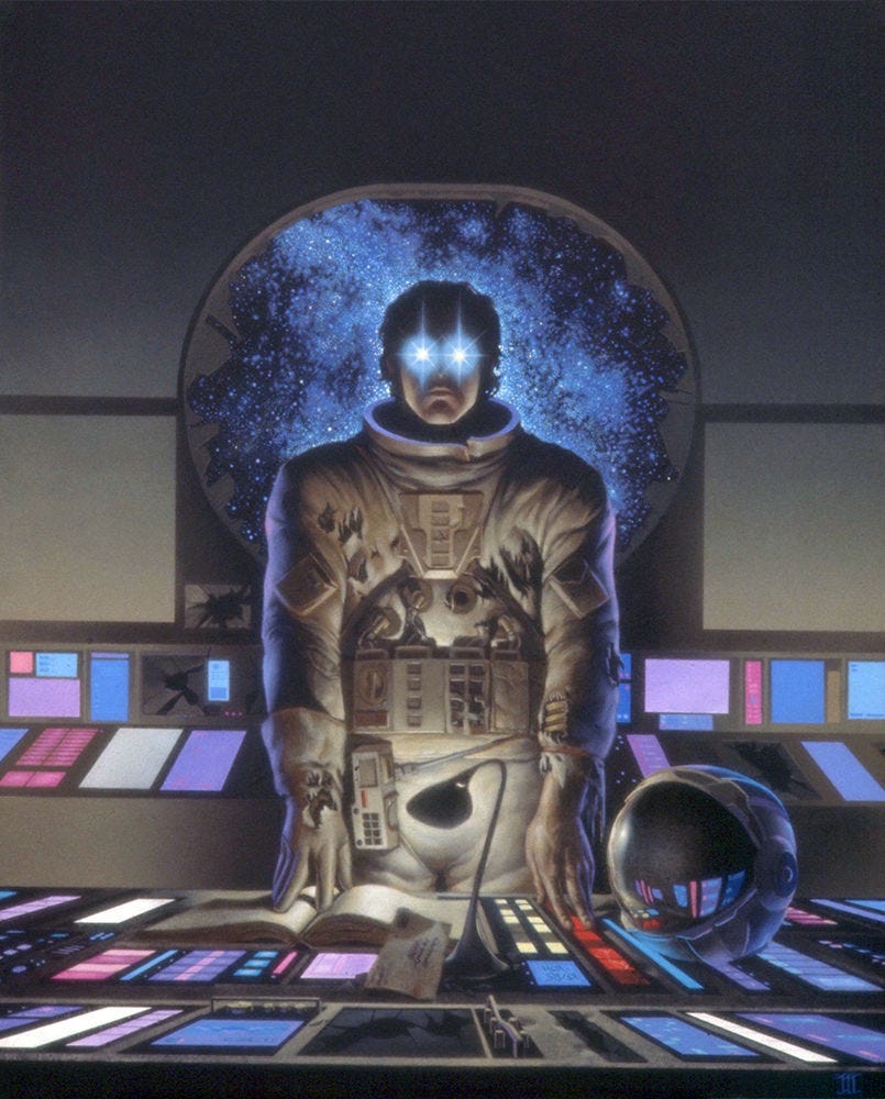 A man in tattered spacesuit stands at a dated computer console that looks like something out of 70s NASA. His helmet rests next to him with visor reflecting the colors of the control panel. Staring directly at the audience, his eyes are glowing blue cut through with white starburst patterns signaling some other presence in his mind. Behind him, through a broken viewport, we see a field of stars, points of white on milky blue over black. Several monitors are shattered. A desk light illuminates the pages of a book that he holds open with gloved fingers. A crumpled envelopeHis other sleeve is torn at the wrist to expose pale flesh. A man in tattered spacesuit stands at a dated computer console that looks like something out of 70s NASA. His helmet rests next to him with visor reflecting the colors of the control panel. Staring directly at the audience, his eyes are glowing blue cut through with white starburst patterns signaling some other presence in his mind. Behind him, through a broken viewport, we see a field of stars, points of white on milky blue over black. Several monitors are shattered. A desk light illuminates the pages of a book that he holds open with gloved fingers. A crumpled envelopeHis other sleeve is torn at the wrist to expose pale flesh.