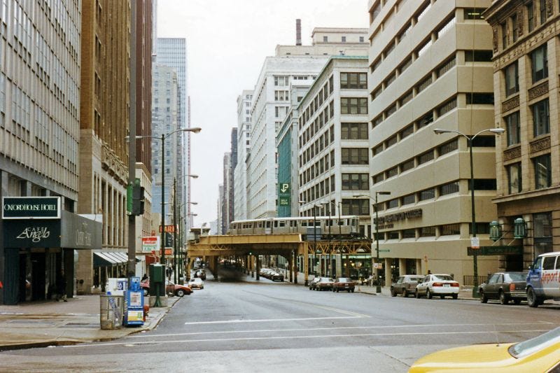 Wabash Avenue extending south from Wacker Drive, showcasing Chicago's urban grid, February 1996. Wabash Avenue extending south from Wacker Drive, showcasing Chicago's urban grid, February 1996.