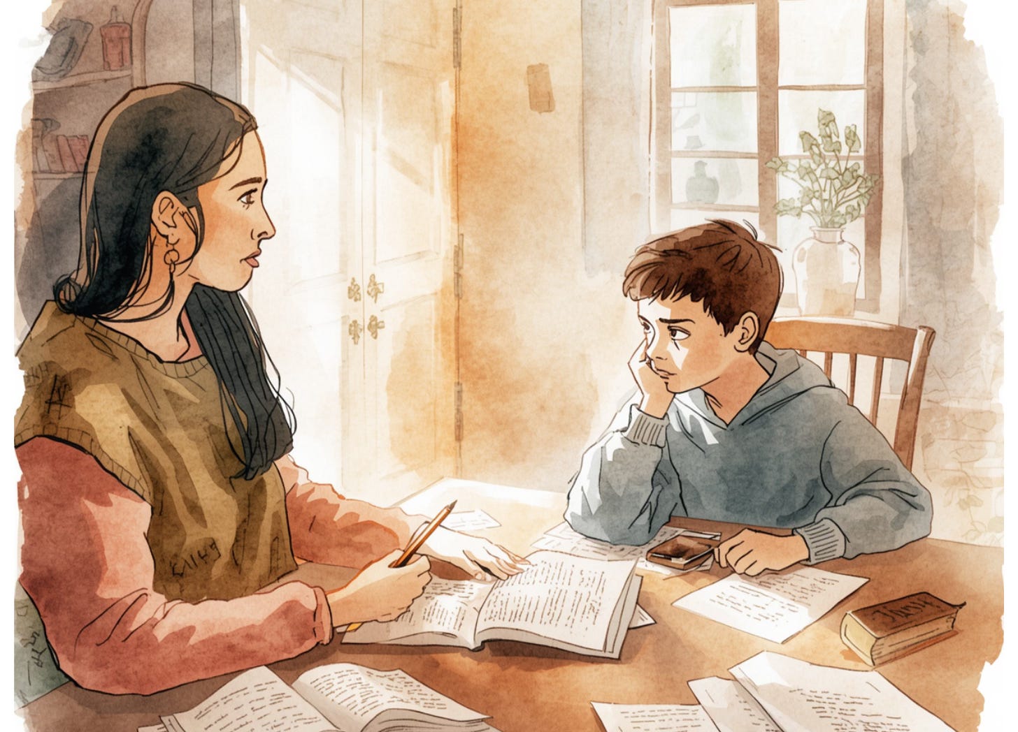 A homeschooling mom and her son sit at the table, he is losing focus and she is worrying he's not motivated. A homeschooling mom and her son sit at the table, he is losing focus and she is worrying he's not motivated.