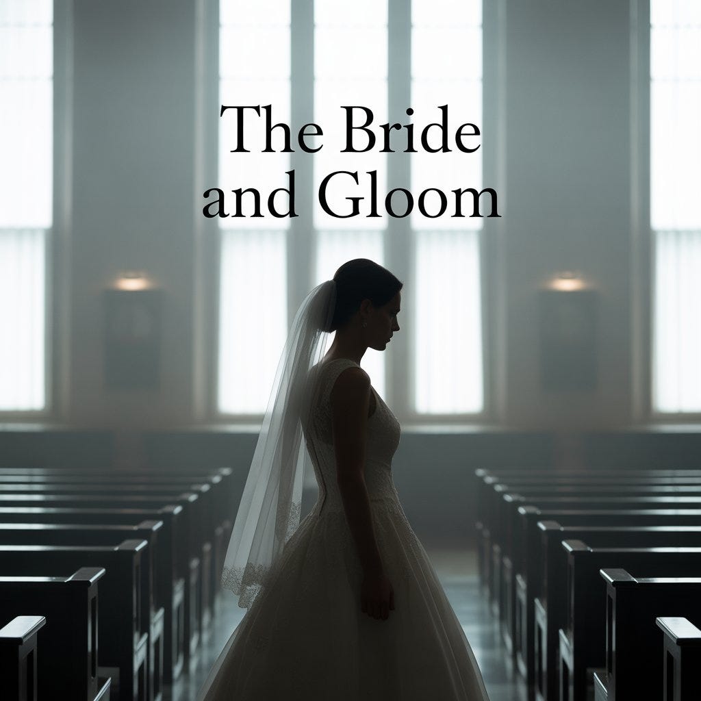 The Bride and Gloom — a bride stands alone in an empty church. Image for The Almighty Gob article: From Holy Matrimony to Unholy Acrimony.
