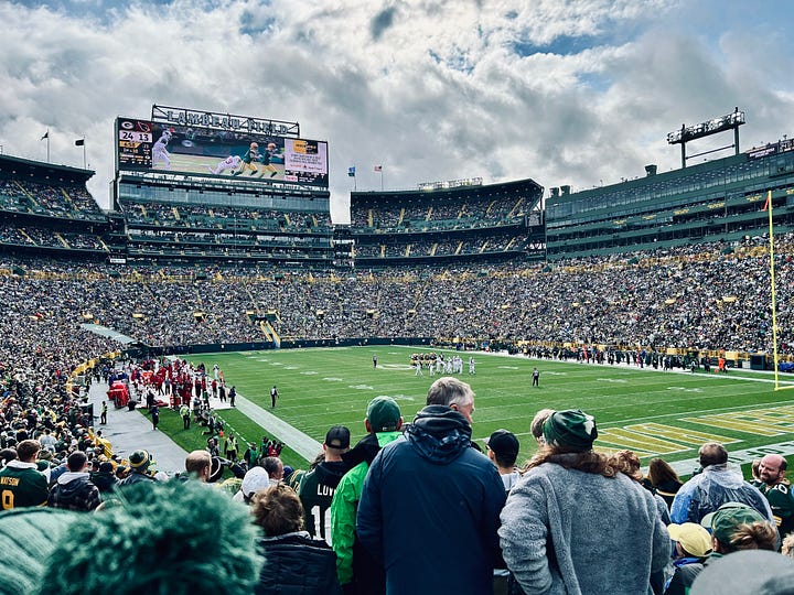 football, stadium, people, clouds, sky, signs