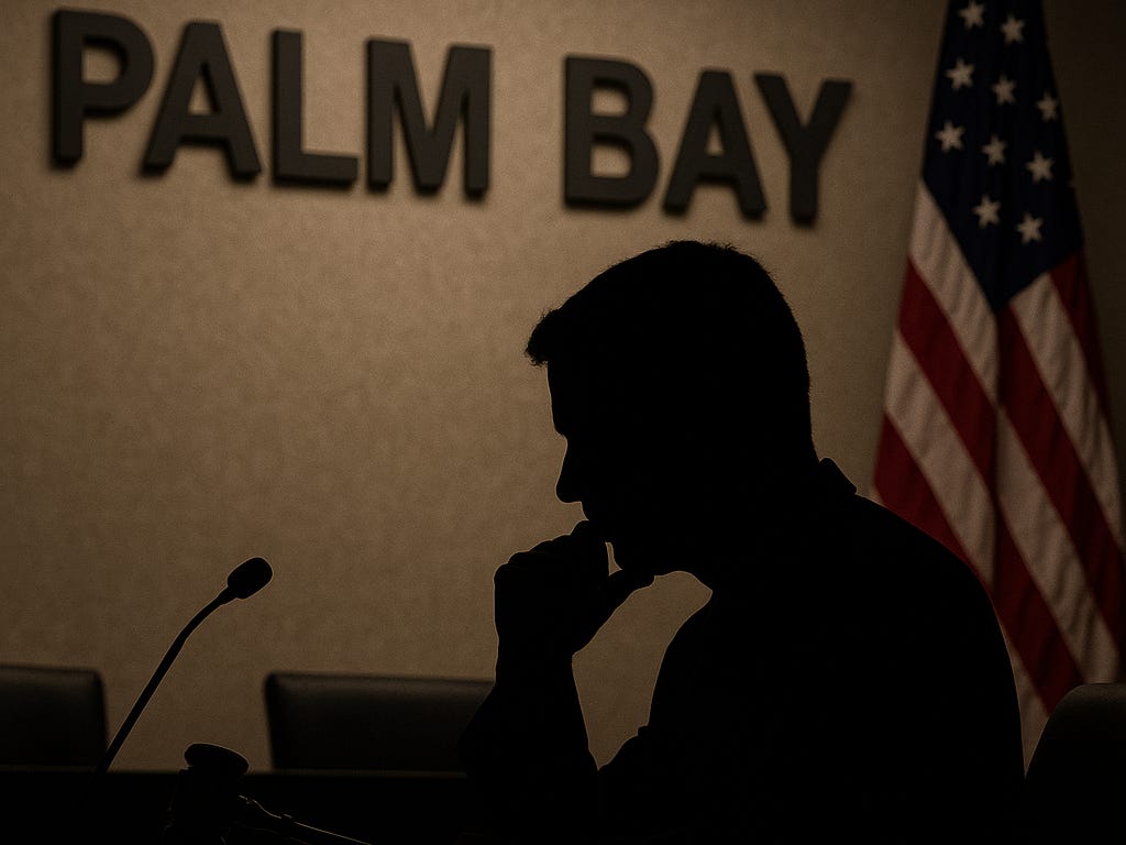 A silhouetted councilman sits in profile before a wall with large 3D letters spelling “Palm Bay” and an American flag beside him. A silhouetted councilman sits in profile before a wall with large 3D letters spelling “Palm Bay” and an American flag beside him.