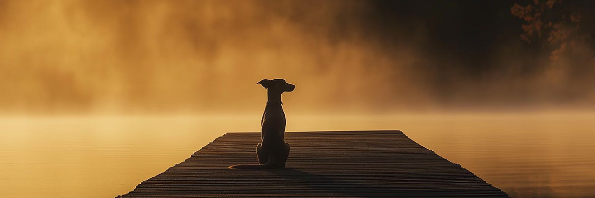 Whippet by misty lake at dawn, reflecting calm and mindfulness. A peaceful scene from the THiNK LiKE A DOG emotional wellness path.