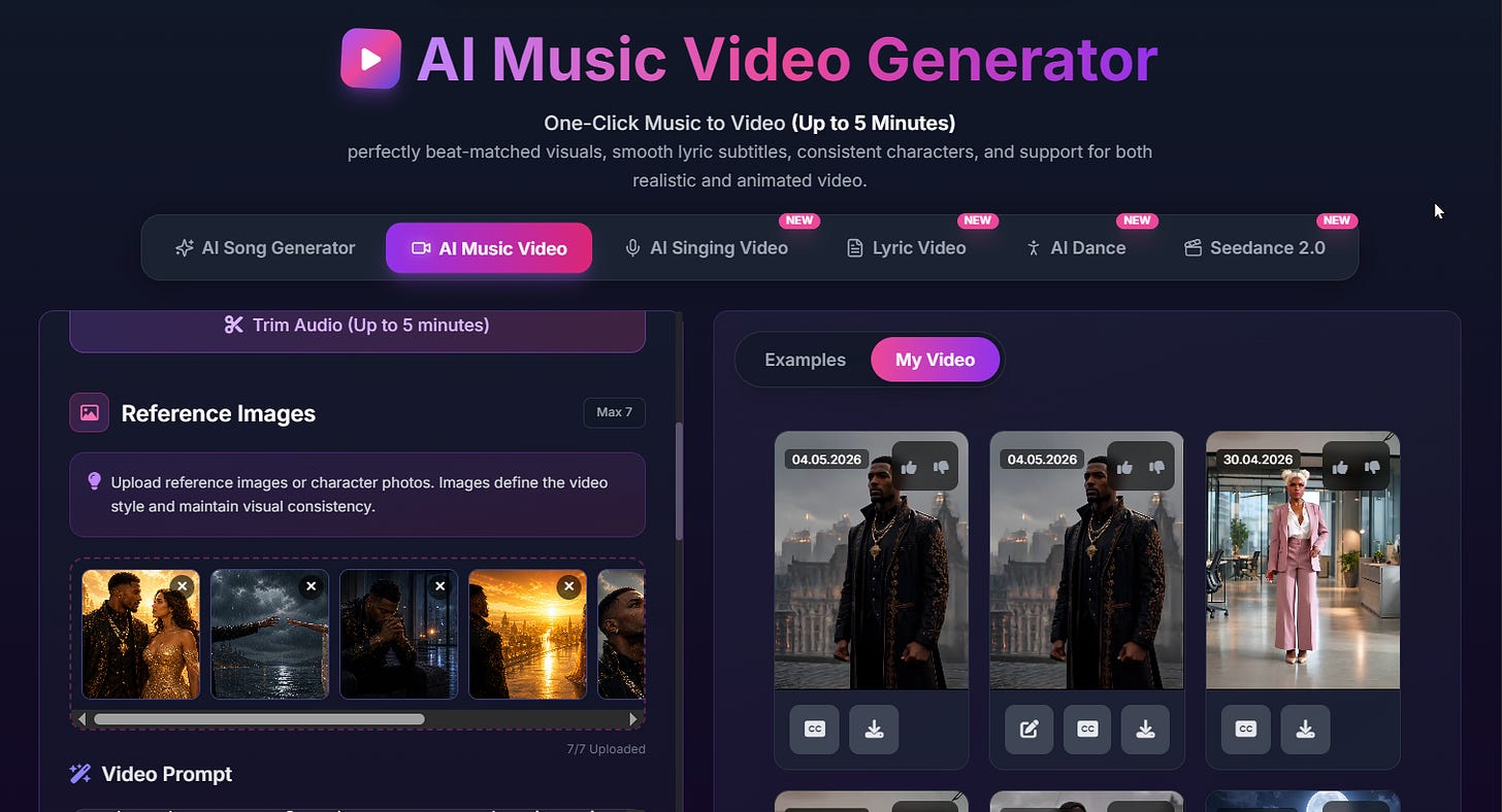 MakeSong, интерфейс создания Music Video. Секция Reference Images с загруженными кадрами клипа, поле Video Prompt, кнопка выбора музыки. MakeSong, интерфейс создания Music Video. Секция Reference Images с загруженными кадрами клипа, поле Video Prompt, кнопка выбора музыки.