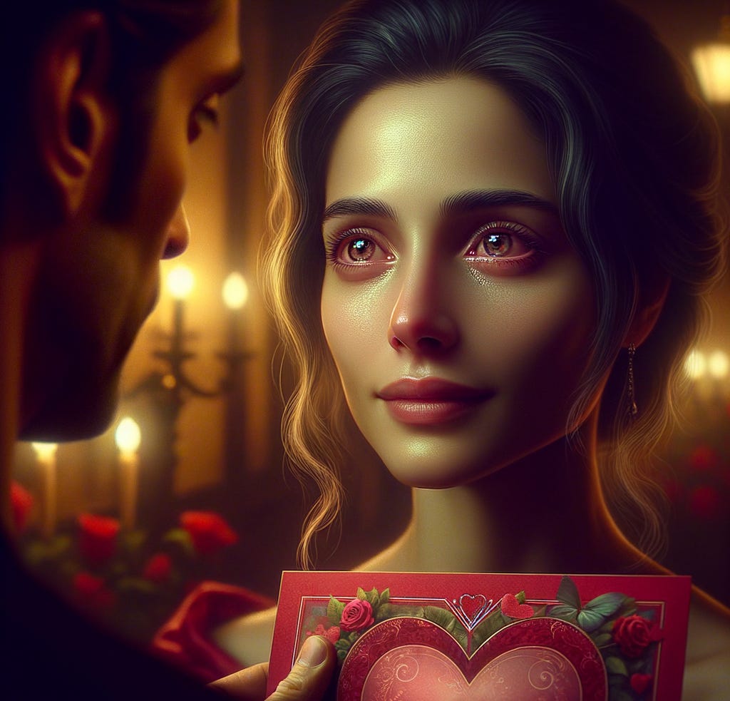 A man is giving a loving and thoughtful Valentine's Day card to a woman who is deeply touched by his gift. 