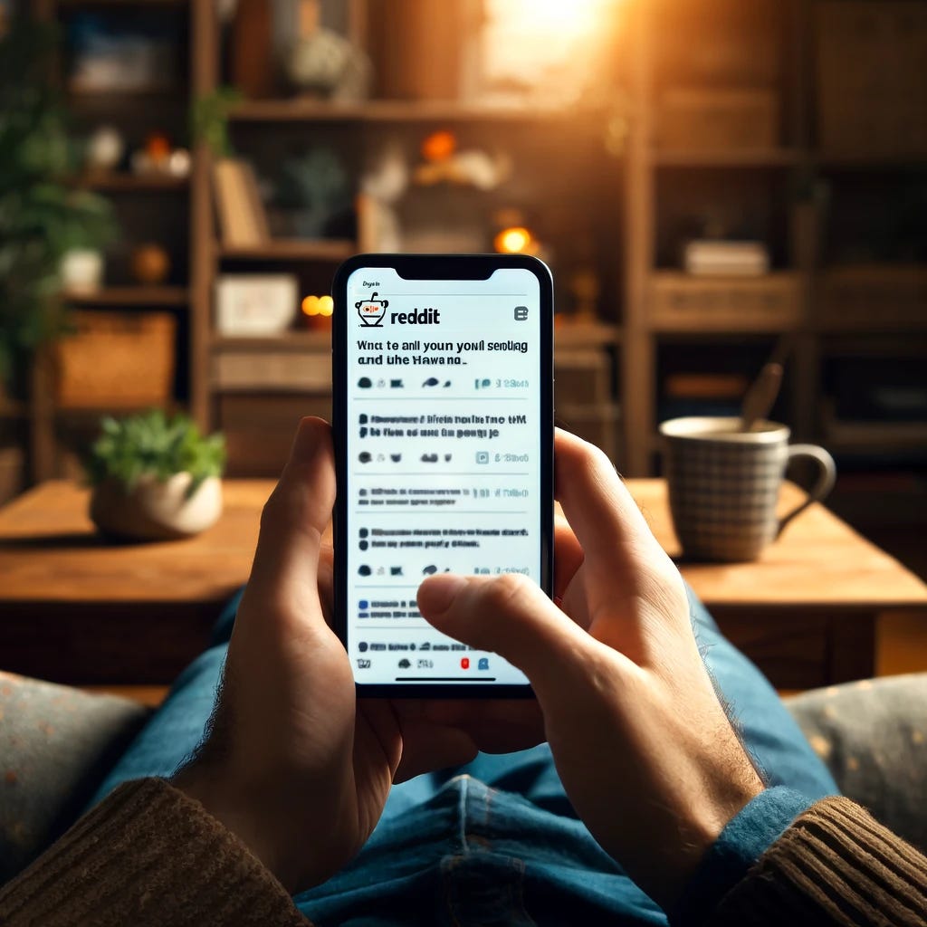 A person sitting comfortably on a couch, holding a smartphone and scrolling through Reddit. The screen of the phone shows the Reddit app interface with posts and comments visible. The background includes a cozy living room setting with warm lighting, a coffee table with a mug, and a bookshelf with various books and decorations.