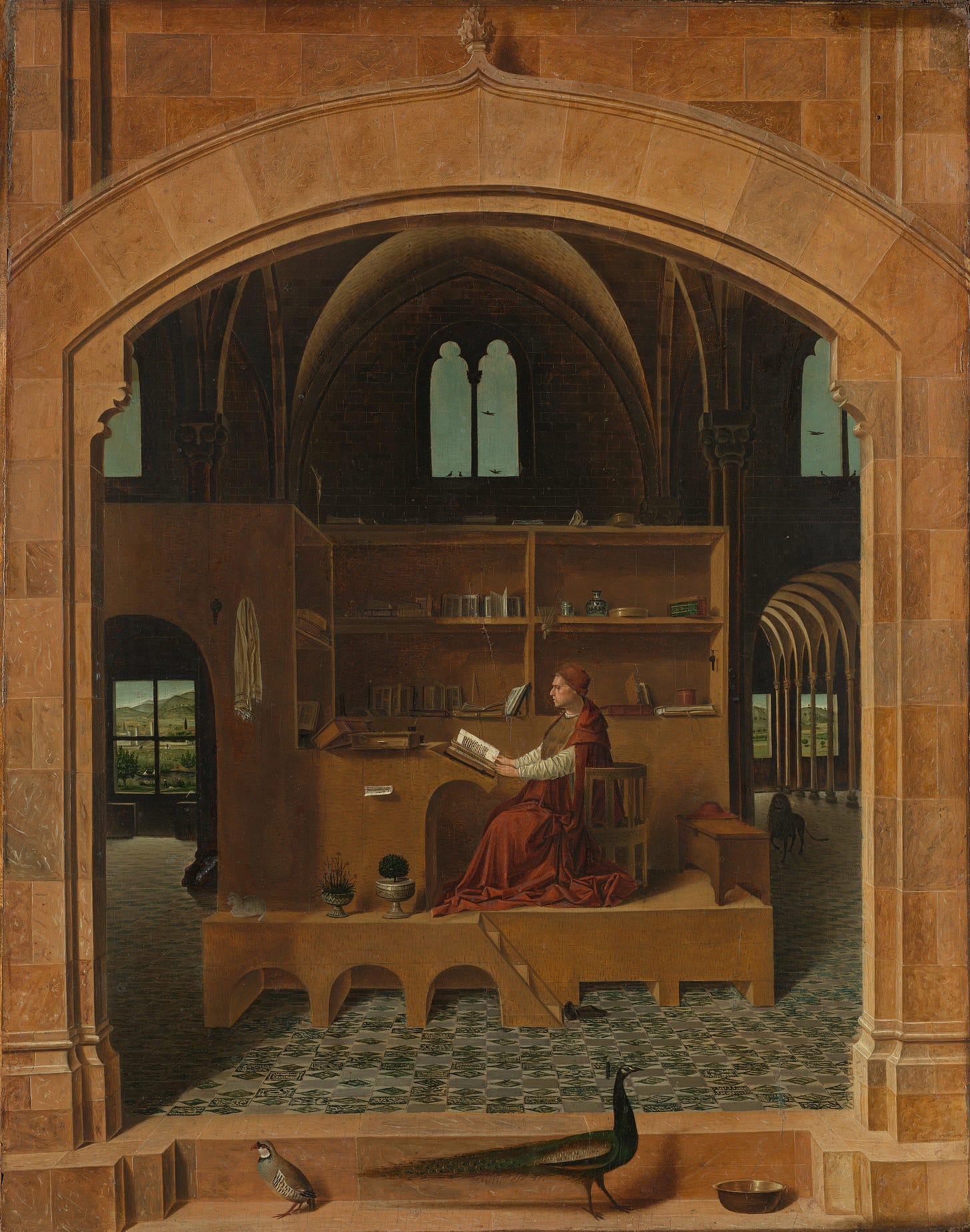 Saint Jerome reading among shelves of books Saint Jerome reading among shelves of books
