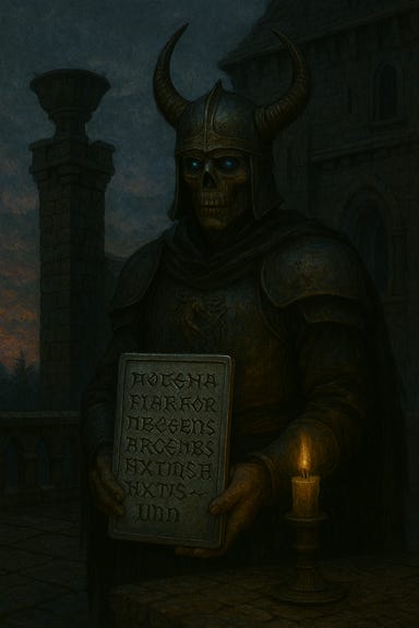 Commander Vladimir Horngaard stands before the unlit Beacon of Argynvostholt. He is broad-faced and solemn, visually reminiscent of Rory Kinnear, clad in worn silver armor with a tattered blue cloak draped over his shoulders. His weathered face is set in grim resolve, eyes fixed on the cold, dark brazier atop the stone tower. The Beacon itself is massive and ancient, a dragon-shaped brazier of tarnished silver and iron, its wings curled protectively around the bowl. The sky is overcast with violet dusk light, casting long shadows across the cracked stone rooftop. Broken battlements and faded banners flutter in the wind. The atmosphere is heavy with silence, anticipation, and the weight of duty unfulfilled. Commander Vladimir Horngaard stands before the unlit Beacon of Argynvostholt. He is broad-faced and solemn, visually reminiscent of Rory Kinnear, clad in worn silver armor with a tattered blue cloak draped over his shoulders. His weathered face is set in grim resolve, eyes fixed on the cold, dark brazier atop the stone tower. The Beacon itself is massive and ancient, a dragon-shaped brazier of tarnished silver and iron, its wings curled protectively around the bowl. The sky is overcast with violet dusk light, casting long shadows across the cracked stone rooftop. Broken battlements and faded banners flutter in the wind. The atmosphere is heavy with silence, anticipation, and the weight of duty unfulfilled.
