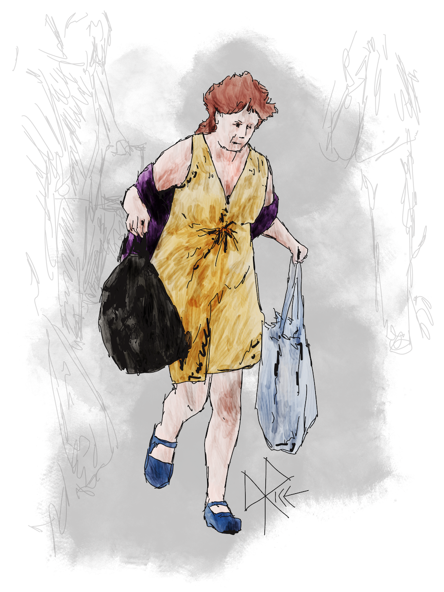 A woman runs through an airport terminal, late for a connecting flight. Sketch art by Don Rice. A woman runs through an airport terminal, late for a connecting flight. Sketch art by Don Rice.