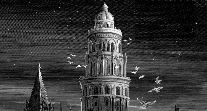 This may contain: a drawing of a tower with birds flying around it