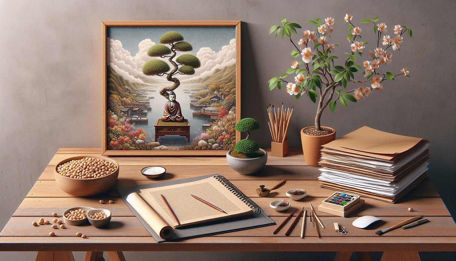 A desk with a bonsai garden growing next to a pile of beans being counted