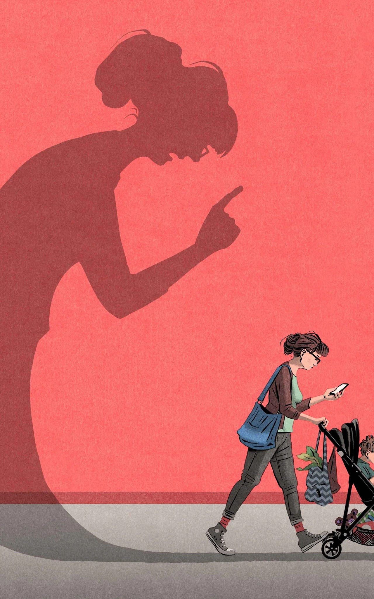 mother walking with a pram looking at her phone, shadow of guilt is lurking at her