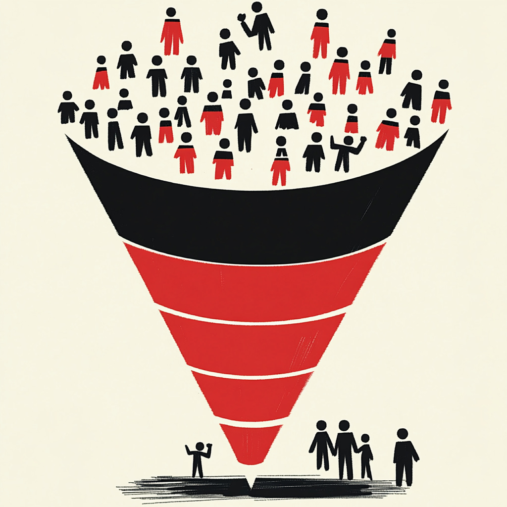 A funnel with specific people highlighted in red to indicate problems, along with the funnel 