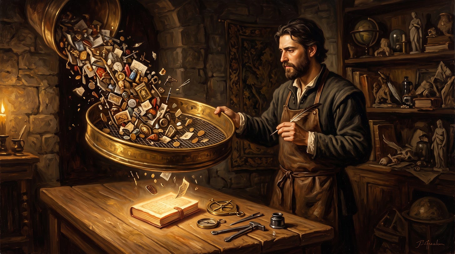 Renaissance-style craftsman using a golden sieve to filter objects and notes, symbolizing how to choose AI tools