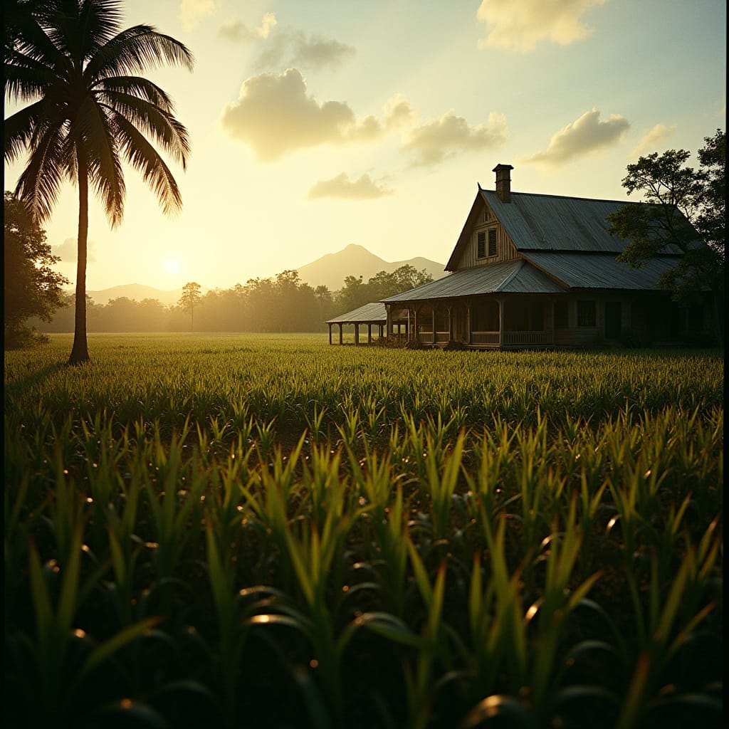 Jamaican sugarcane fields at dusk, rustic wooden plantations, and majestic colonial-era architecture, amidst a warm, golden light, evoking a sense of nostalgia and grandeur.