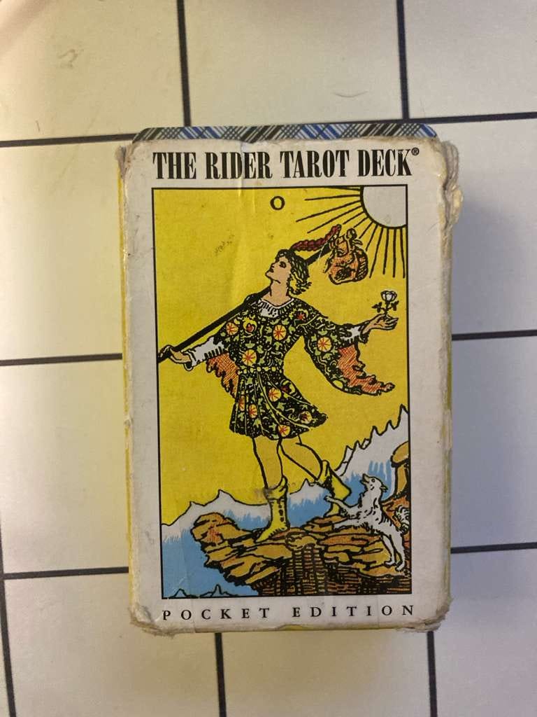 Worn Rider Tarot Deck pocket edition box featuring the Rider-Waite-Smith Fool card Worn Rider Tarot Deck pocket edition box featuring the Rider-Waite-Smith Fool card