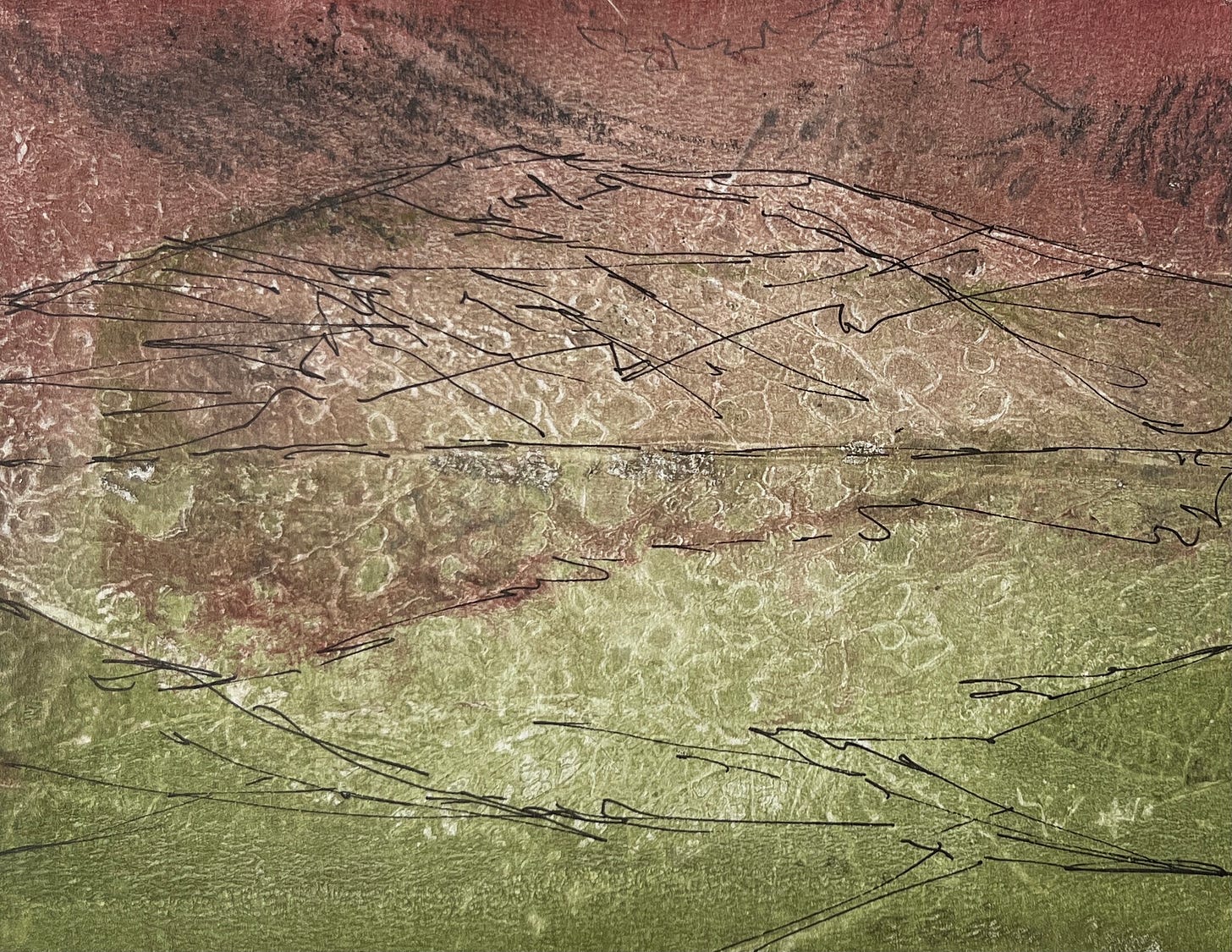 Monoprint in red and green of dock leaves, with added pen a landscape of mountain and loch is apparent