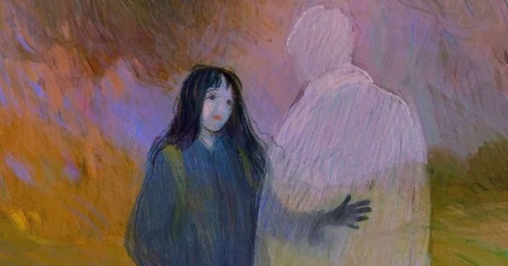 This may contain: a painting of two people standing next to each other on a field with trees in the background