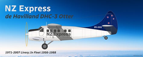 A selection of aircraft types that were formerly operated as part of the NZ Express fleet and/or its predecessor carriers: (1) Ford Trimotor, (2) Douglas DC-3, (3) Fokker F27 Friendship, (4) Hawker Siddeley HS 748, (5) British Aerospace BAe 146, (6) Fokker F28 Fellowship, (7) McDonnell Douglas DC-9-10, (8) de Havilland DHC-3 Otter, and (9) Pilatus PC-12 - all seen in side view in their respective liveries while in midflight.