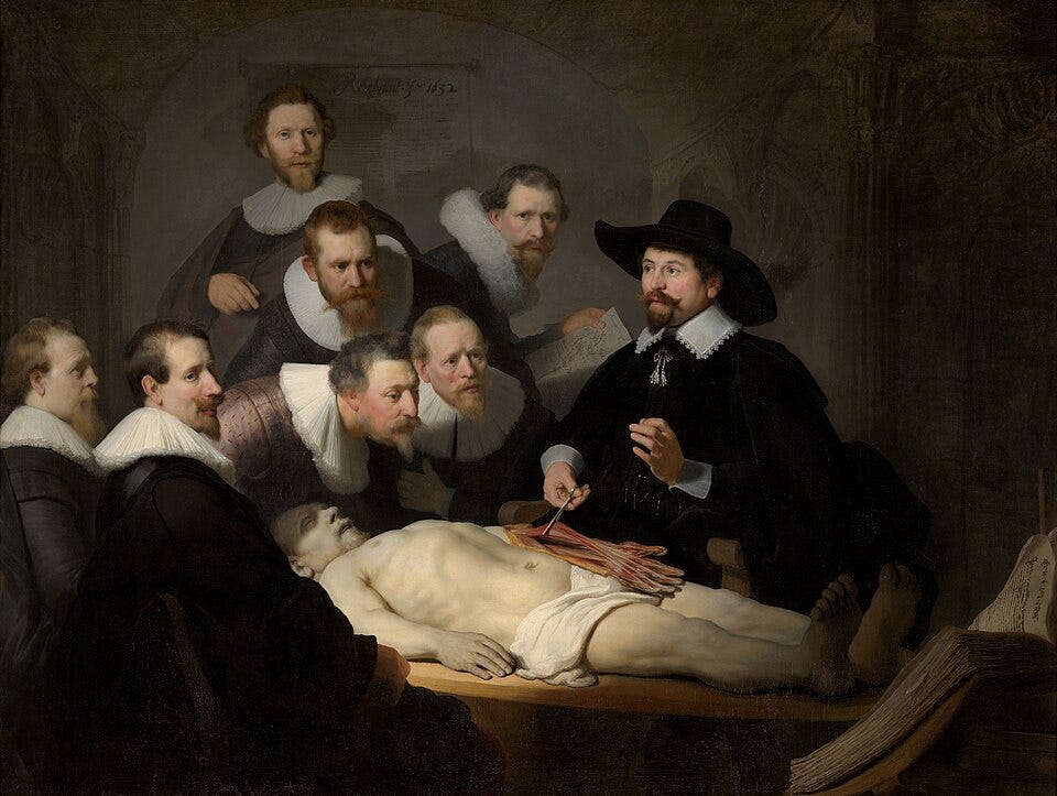 In a dark room, Dr. Nicholaes Tulp conducts the dissection of an executed criminal, starting with the left arm. Seven men observe, some of them leaning in for a better view. The curve of a lighter area on the dark wall behind them suggests the top of a cranium, while the torso of the corpse suggests the jaw of that skull and one of the ruffs of an observer suggests an eye socket. A large open book is in the lower right corner of the painting, presumably an anatomy text.