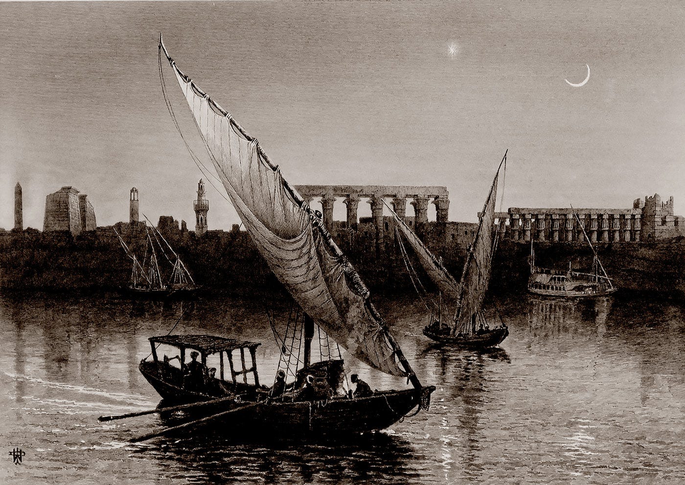 Nile at night transporting mummies of Pharaohs