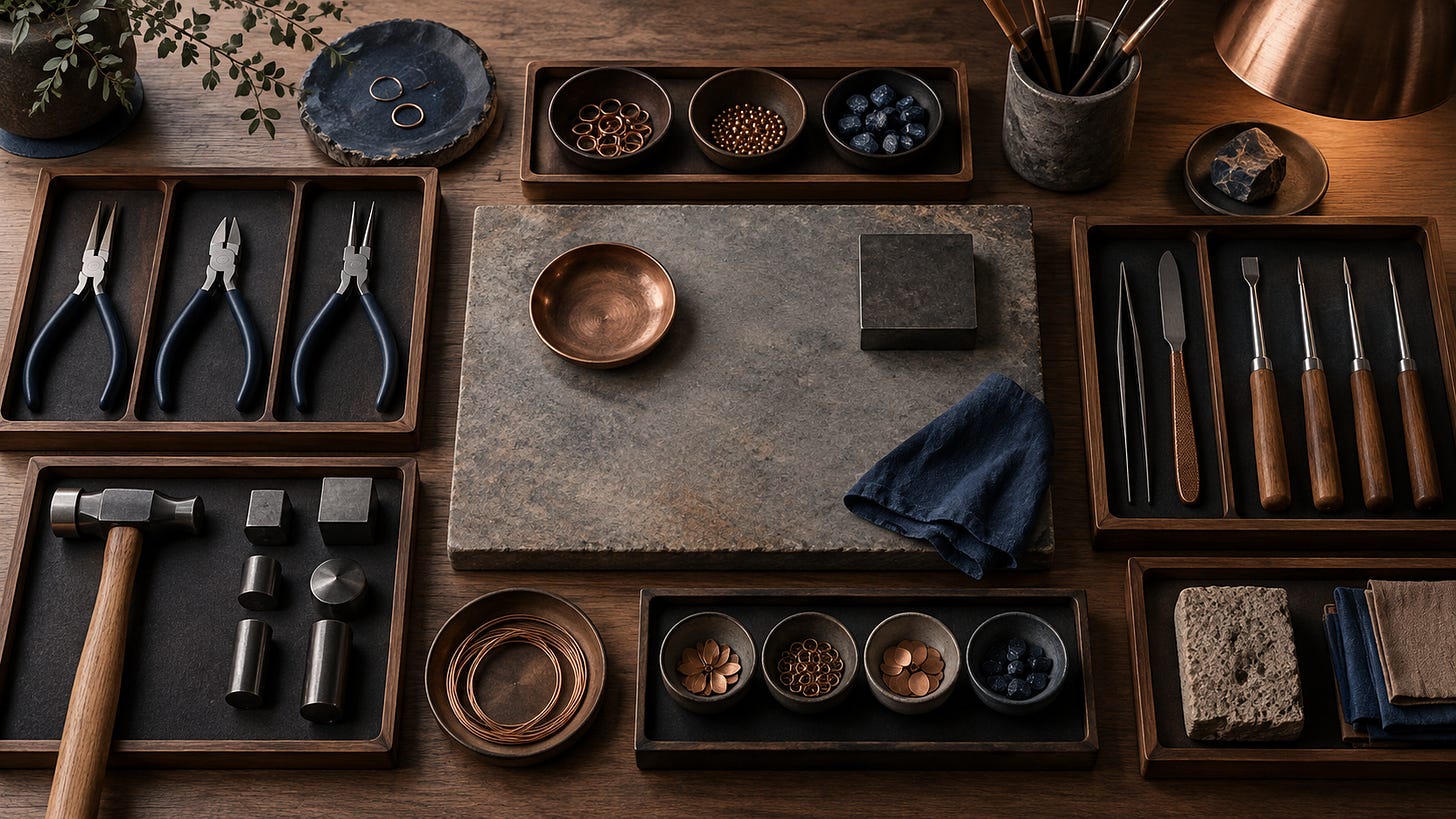 Jewelry-making supplies, trays of beads and metal pieces, pliers, and files arranged neatly on a wooden worktable.