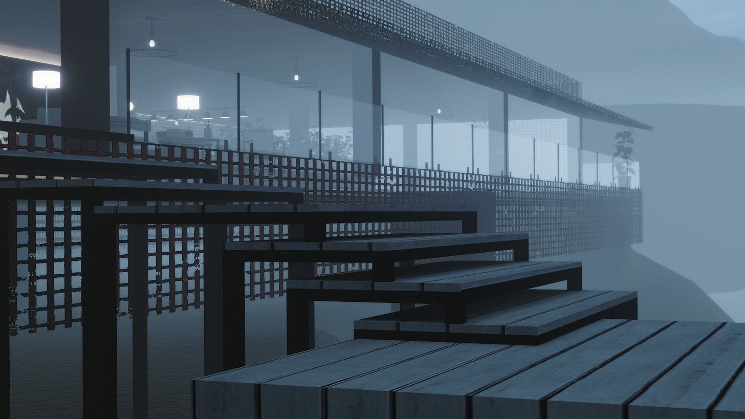 The exterior of a building. Stairs descend onto a wooden deck area. There is a grid pattern lining the sides of the building. The exterior of a building. Stairs descend onto a wooden deck area. There is a grid pattern lining the sides of the building.