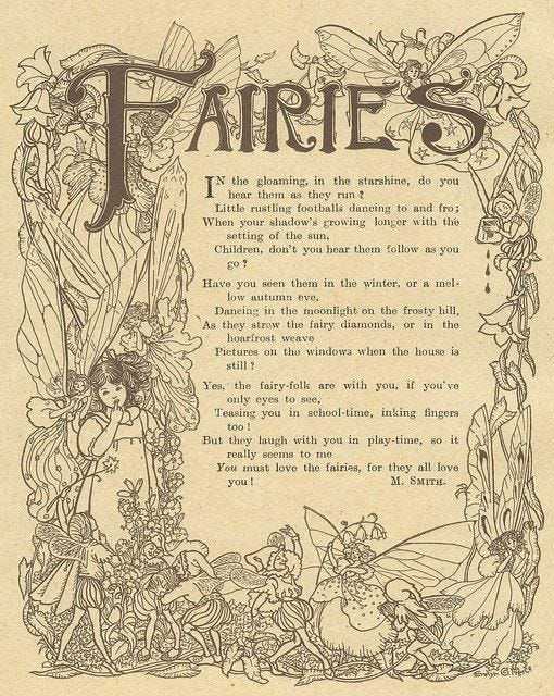 This may contain: an old book page with fairy's written in black and white ink on parchment paper