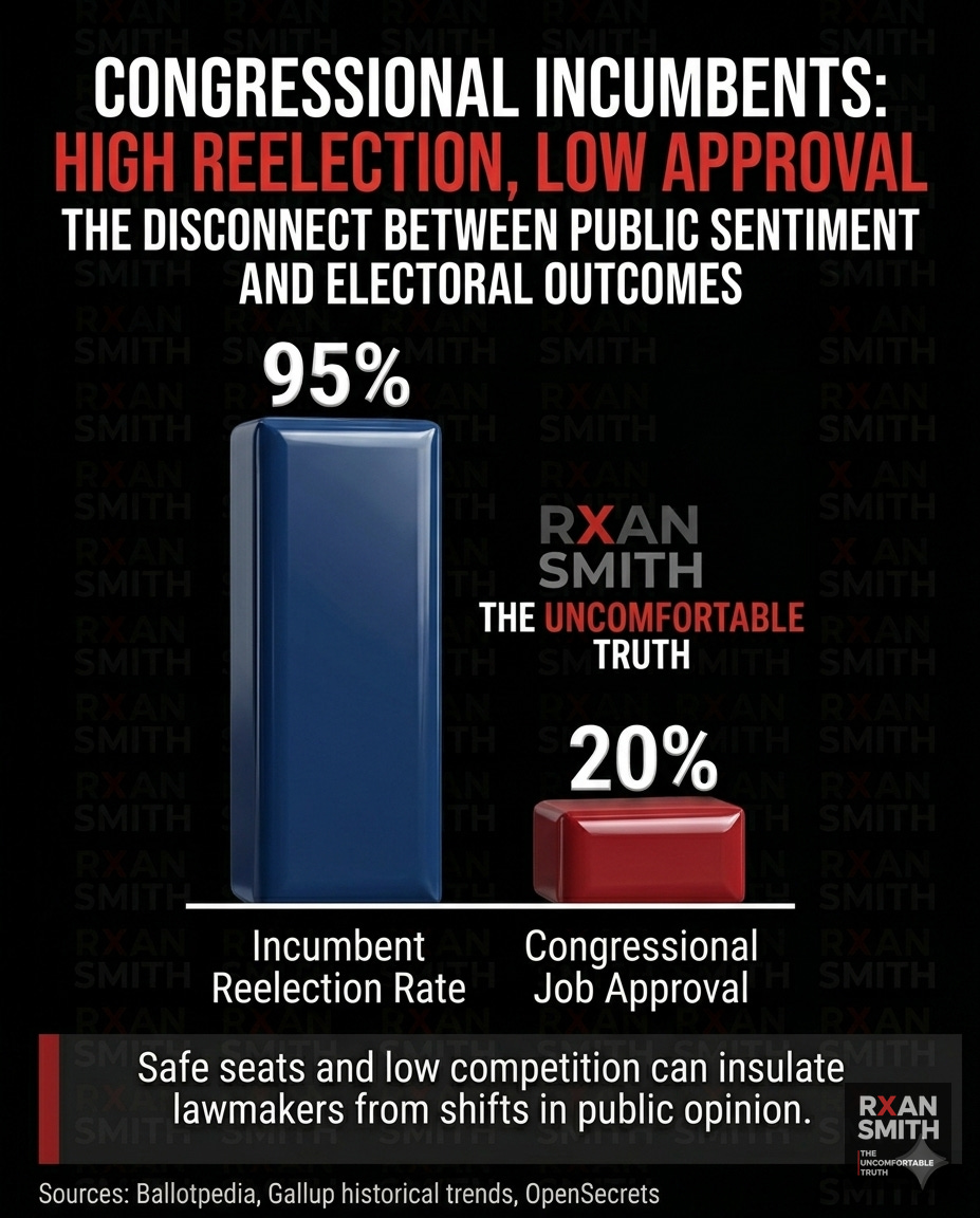Two-bar infographic comparing low congressional approval ratings around 20% with incumbent reelection rates around 95%, highlighting the disconnect between public opinion and electoral outcomes.